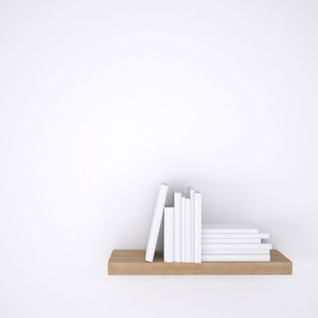 Wooden shelf with books on white wall background. 3d render