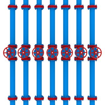 Blue pipes and valves. Isolated render on a white background