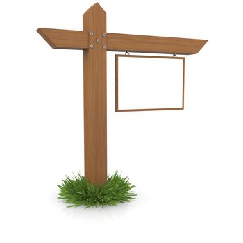 Wooden signboard in the grass. Isolated render on a white background