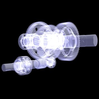 White shafts, gears and bearings. X-ray render isolated on black background