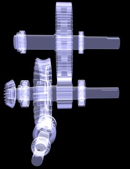 White shafts, gears and bearings. X-ray render isolated on black background