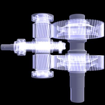 White shafts, gears and bearings. X-ray render isolated on black background