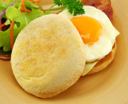 Delicious bacon and egg muffin with cheese ready to serve for breakfast.