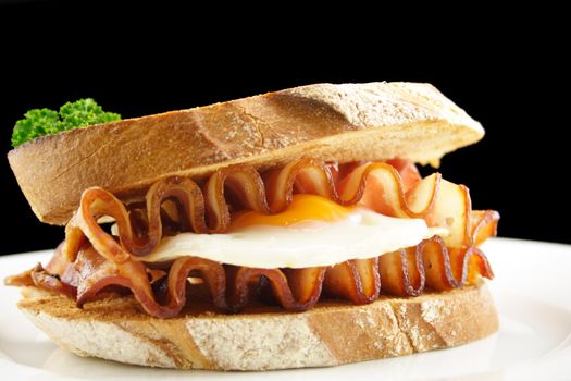 Curled bacon and egg sandwich ready to serve.