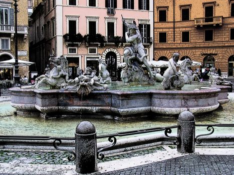 Rome, the fountain of Neptune on Navona square, pen drawing