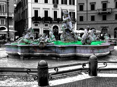 Rome, the fountain of Neptune on Navona square, pen drawing