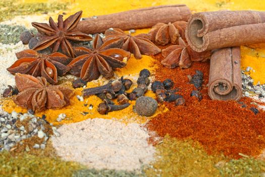 A set of spices on wooden cutting board.