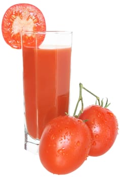 Glass of tomato juice and two tomatoes.