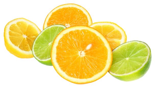 Fresh orange and lemon on a white background.
