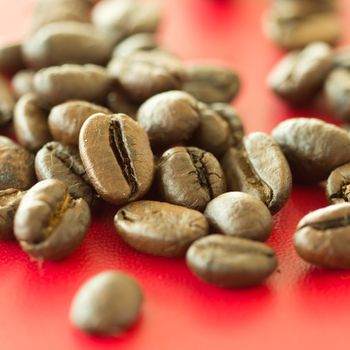 Fresh coffee beans on red background