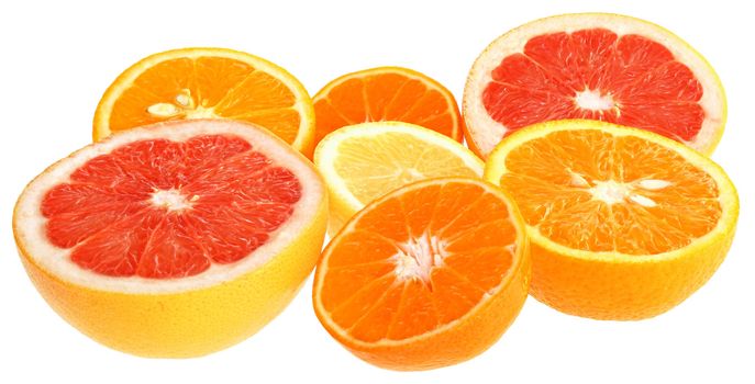Fresh orange and tangerine on a white background.