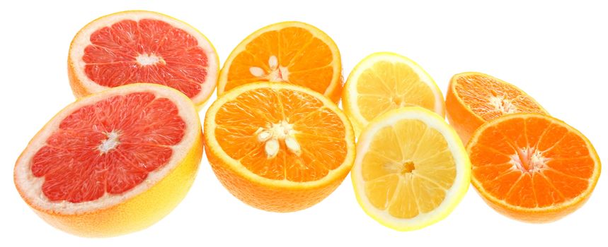 Fresh orange and tangerine on a white background.