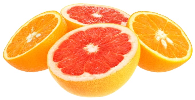 Fresh orange and grapefruit on a white background.