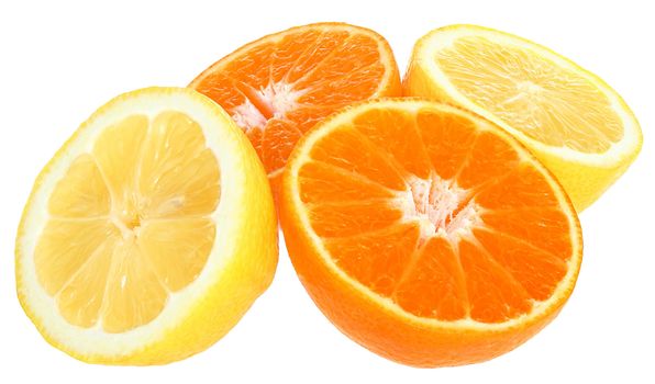 Fresh lemon and tangerine on a white background.