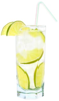 Cocktail with ice cubes on white background.
