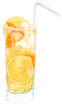 Cocktail with ice cubes on white background.