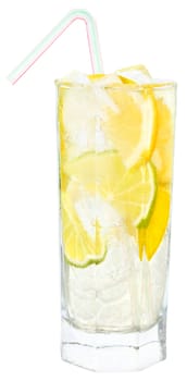 Cocktail with ice cubes on white background.