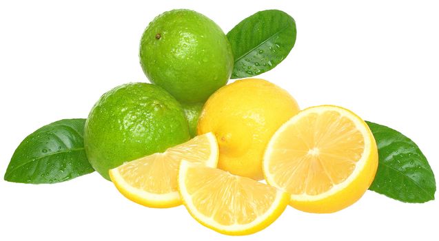Fresh limes and lemons on a white background.