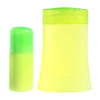 Two bottles with cosmetic means for a white background.