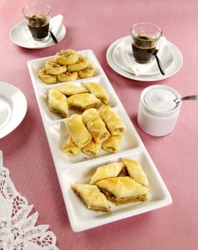 Deliciously sweet  fresh baked bakalava served with coffee.