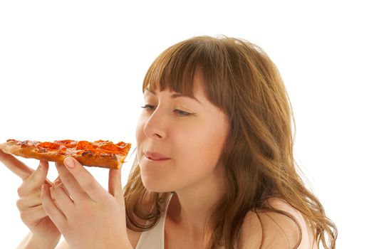 Young Attractive Woman Preparing to Eat Piece of Pizza on white background
