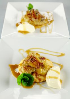 Delicious caramelized banana stack with a rich creamy caramel sauce.
