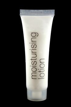 Plastic tube of moisturing lotion ready for use.