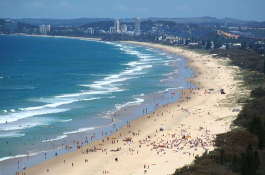 View across Surfers Paradise beach looking South down the Gold Coast Australia.