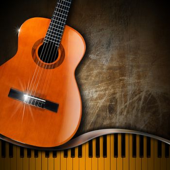 Acoustic brown guitar and piano against a grunge background 

