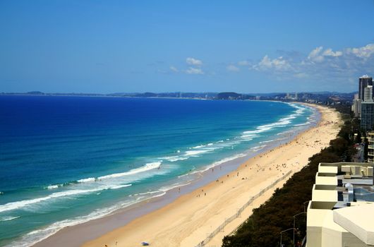 View across Surfers Paradise beach looking South down the Gold Coast in Australia.