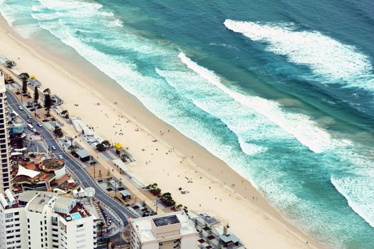 View across Surfers Paradise beach looking down on the Gold Coast Australia.