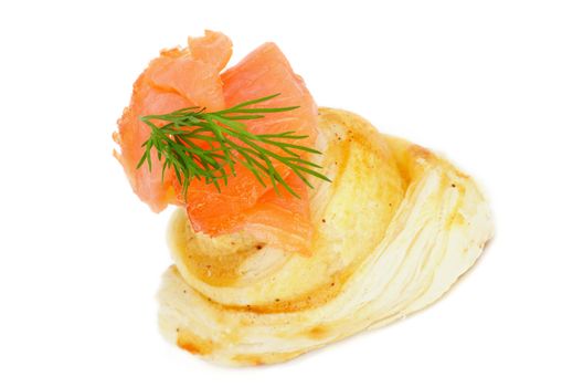 Delicious Snack with Smoked Salmon and Dill aon Puff Pastry isolated on white background