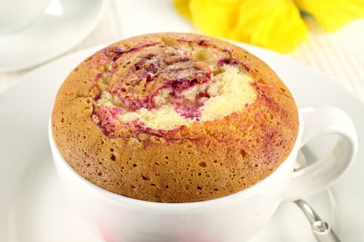 Delicious sponge pudding with blackberry sauce ready to serve.