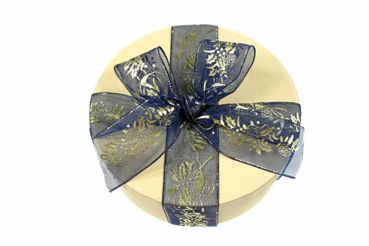 Blue and gold gift wrapped present.