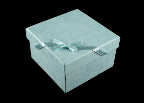 Powder blue gift box with ribbon and bow,