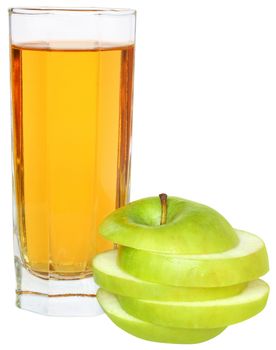Glass with juice and apple on a white background.