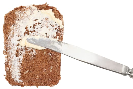 A slice of bread with butter on a white background.