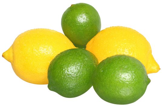 Fresh limes and lemons on a white background.