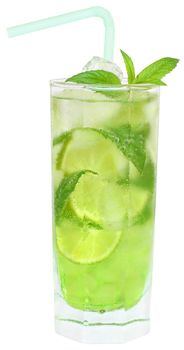 Cocktail with ice cubes on white background.