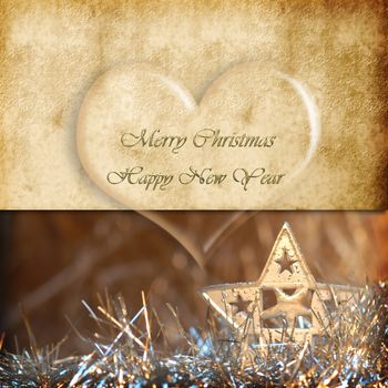 Funny Christmas Cards, star christmas decoration and transparent heart with greeting on parchment