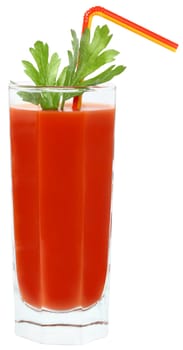 Glass of tomato juice on a white background.