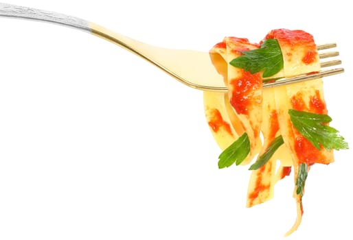 Macaroni with tomato sauce on a plug.
