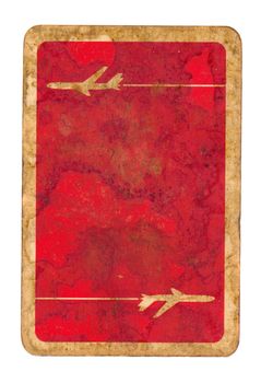 old dirty used playing card red paper cover background with aircraft sign