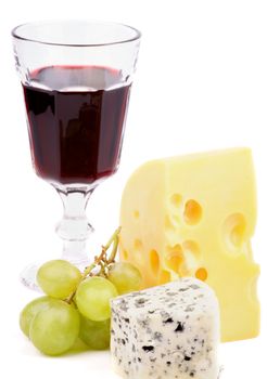 Arrangement of Red Wine, Maasdam Cheese, Dorblu Cheese and Green Grapes isolated on white background