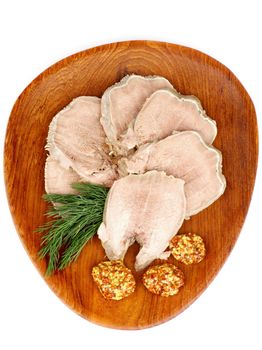 Slices of Delicious Boiled Beef Tongue with Whole Grain Mustard and Dill on Wooden Plate isolated on white background. Top View