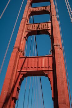 Pillar of the Golden Gate Bridge over blue sky  in San Francisco, California, USA