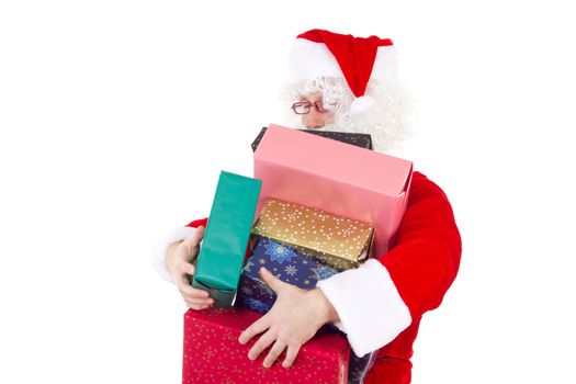 Santa Claus carrying too much colourful gifts