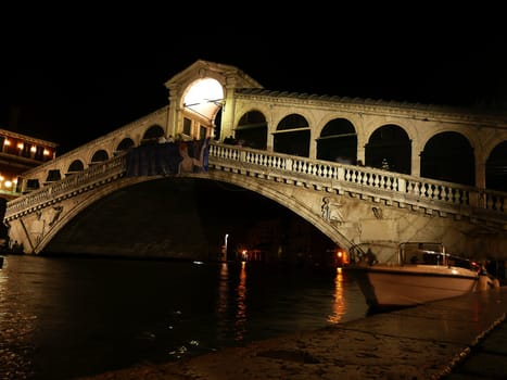 View of the Rialto Bridge at night, Venice, Italy