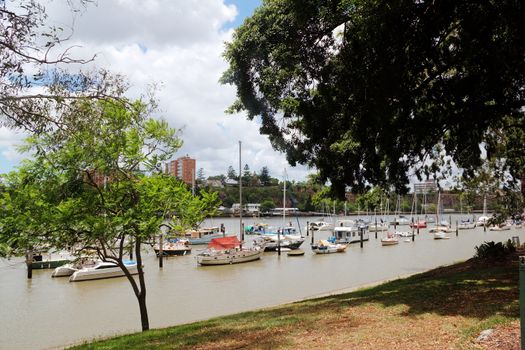 Boats and yachts moored in the Brisbane River by the Brisbane City Botanical Gardens in Queensland Australia.