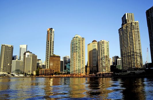View of Brisbane city skyline approaching Riverside from the Brisbane River.